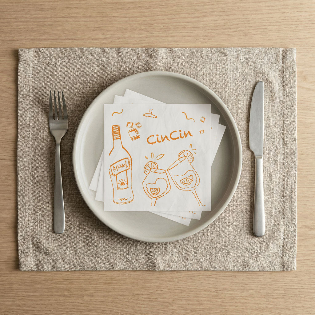 Cin Cin Aperol Cocktail Napkins (Pack of 50) – White & Orange Paper Napkins, Cocktail Party Decor, Beverage Napkins, Hostess Gift