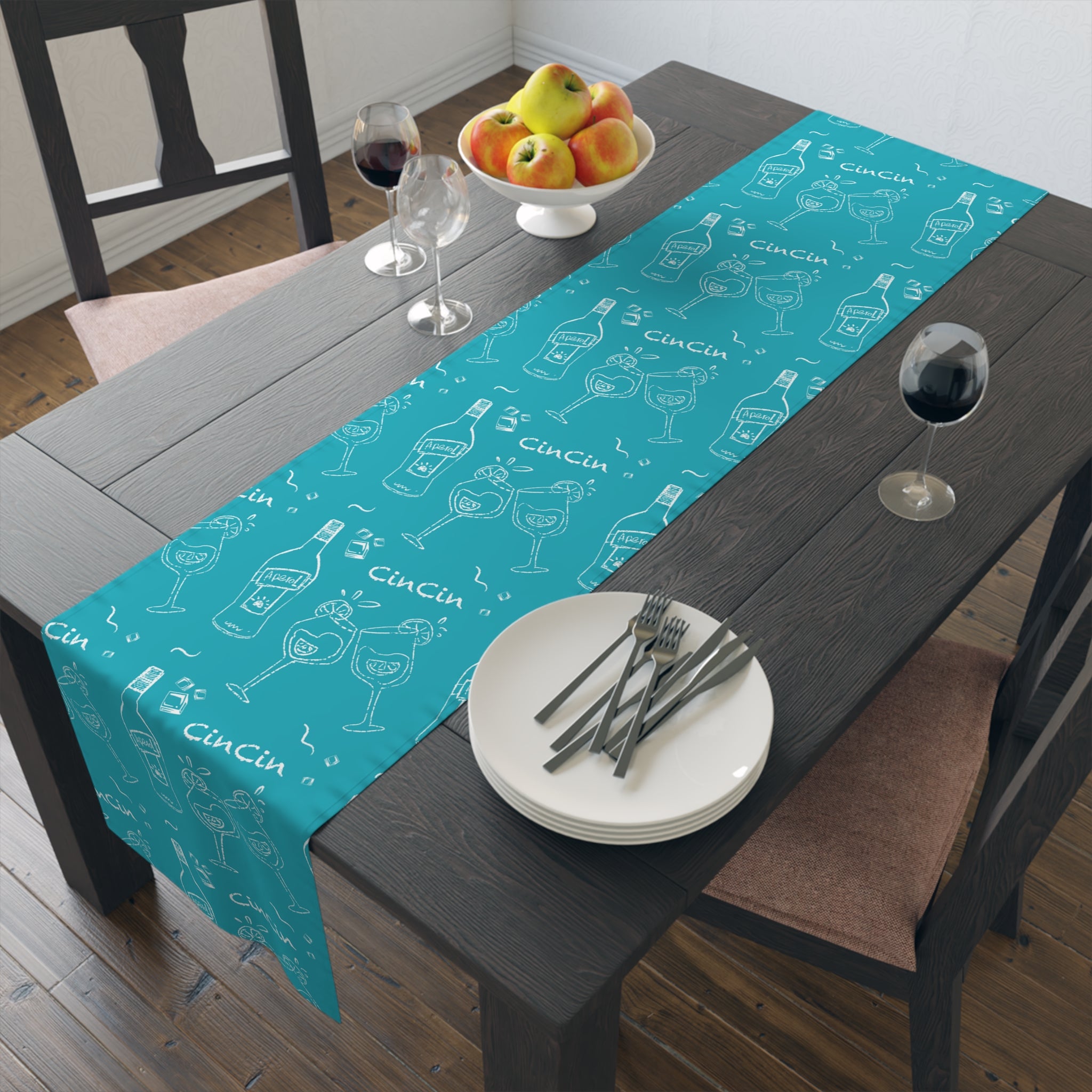 Cin Cin Spritz Table Runner — Turquoise Citrus Cocktail Pattern
