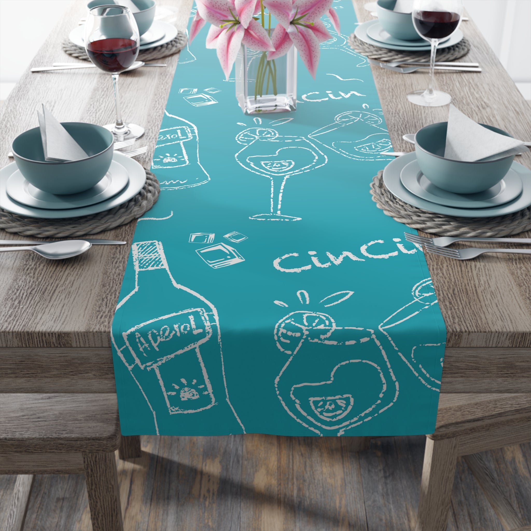 Cin Cin Spritz Table Runner — Turquoise Aperol Inspired Design