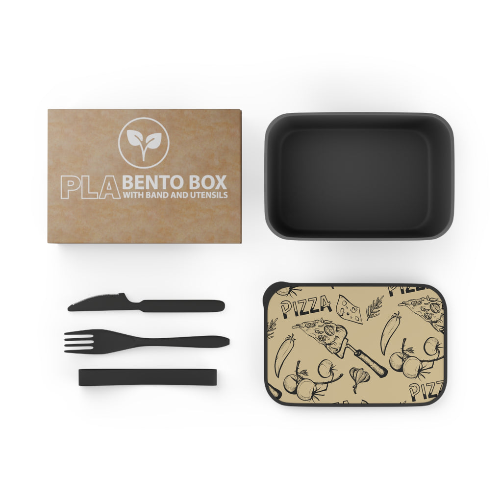Pizza Pattern PLA Bento Box with Band & Utensils — Reusable Lunch Container