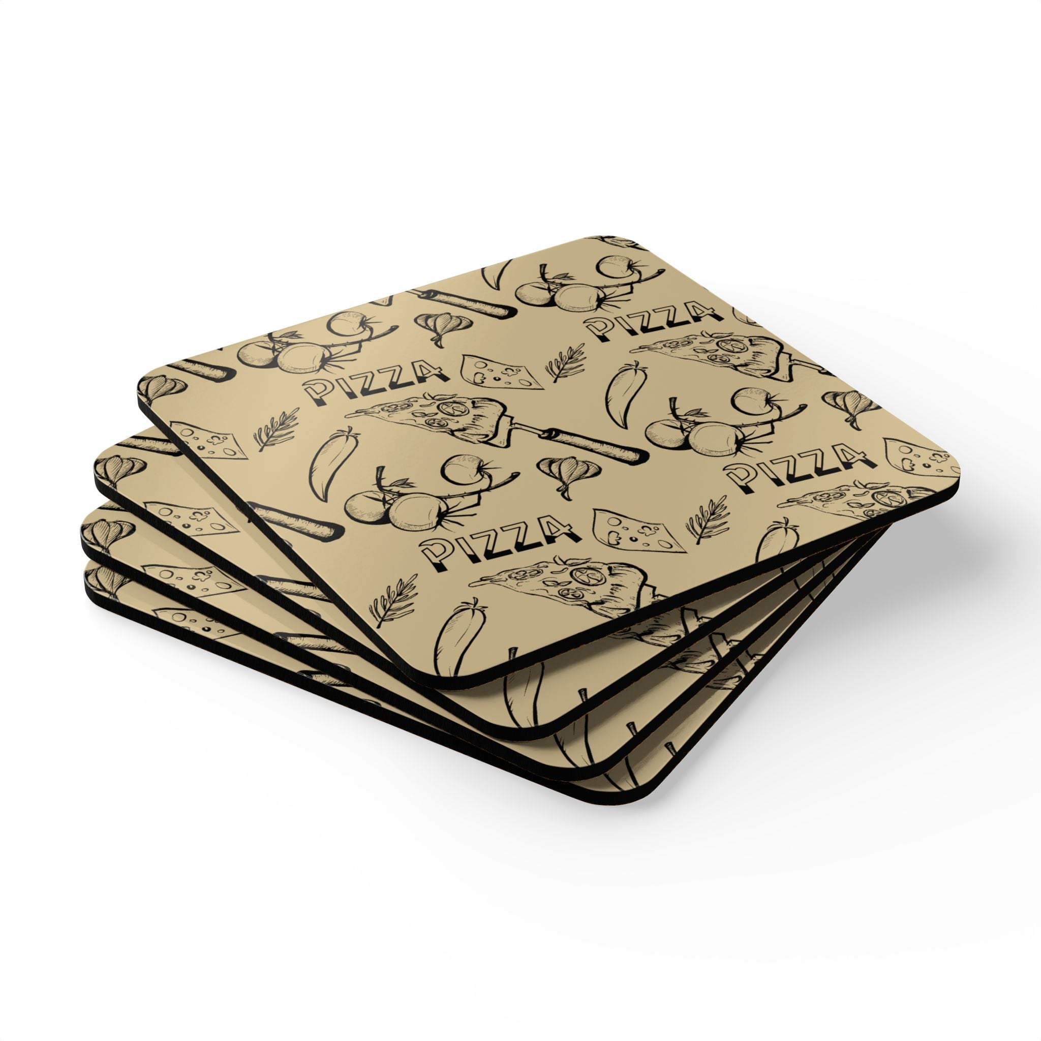 Pizza Pattern Cork Coasters — Set of 4 Rustic Kitchen Drink Coasters