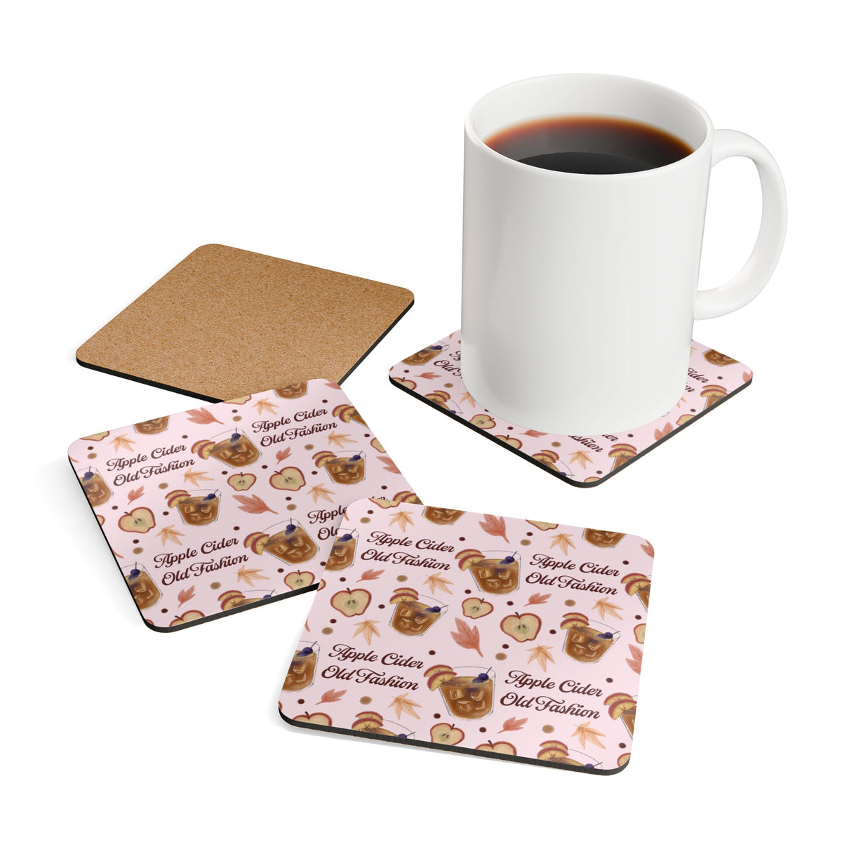 Apple Cider Old Fashioned Cork Coaster Set of 4 — Light Pink Apple Cider Collection Inspired Design