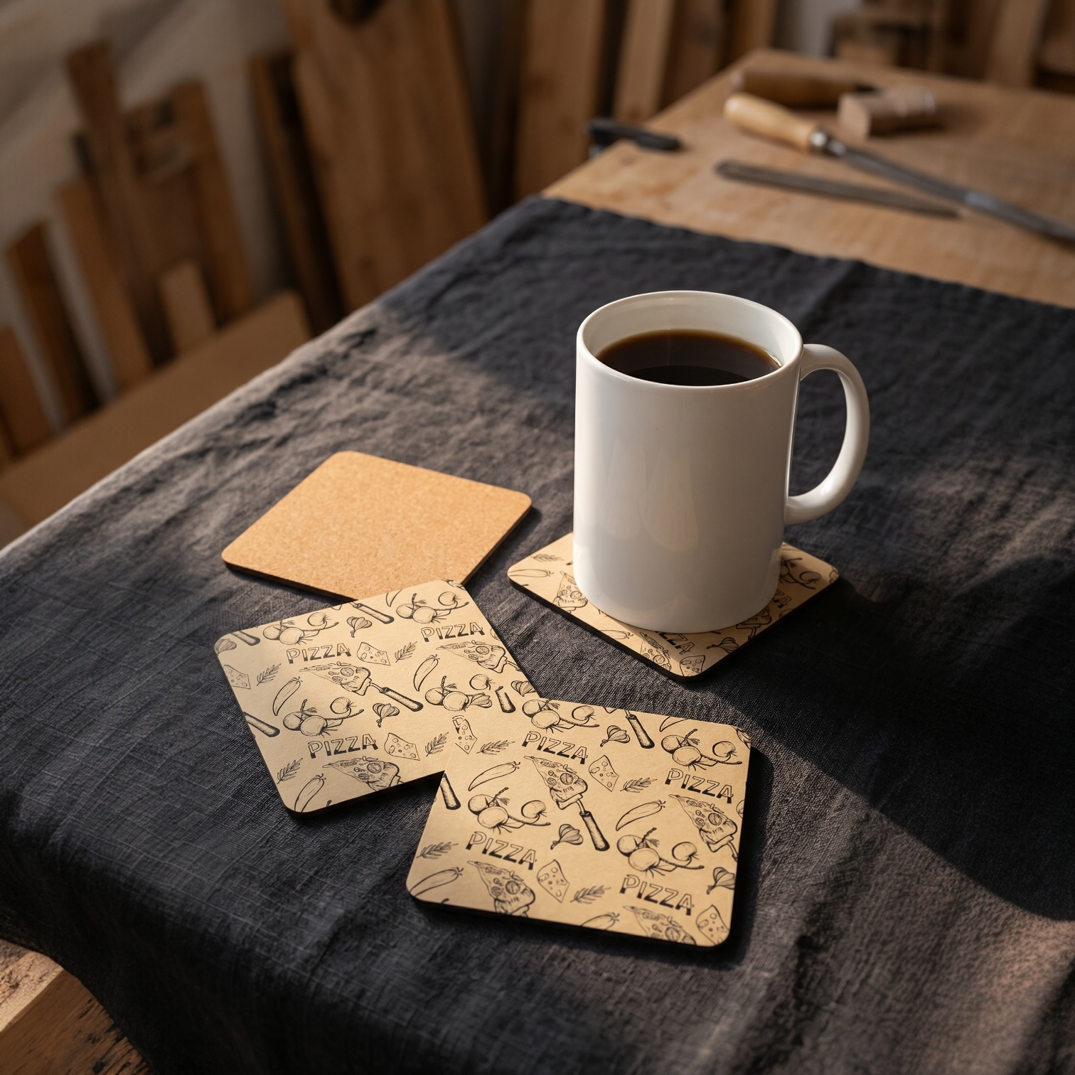 Pizza Pattern Cork Coasters — Set of 4 Rustic Kitchen Drink Coasters