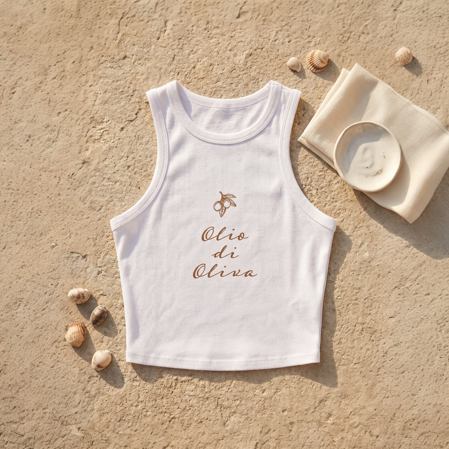 Ribbed Racer Tank Top — “Olio di Oliva” Olive Oil Script Graphic