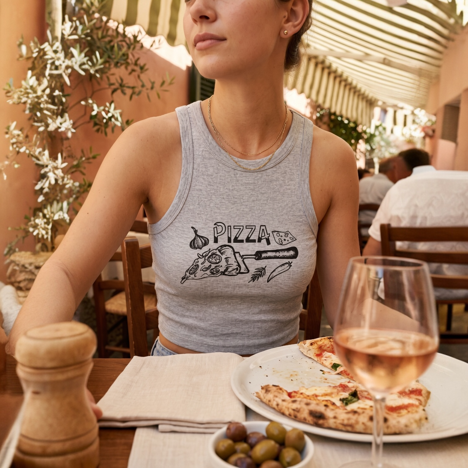 Pizza Graphic Racer Tank Top — Retro Slice Illustration Crop Top for Women