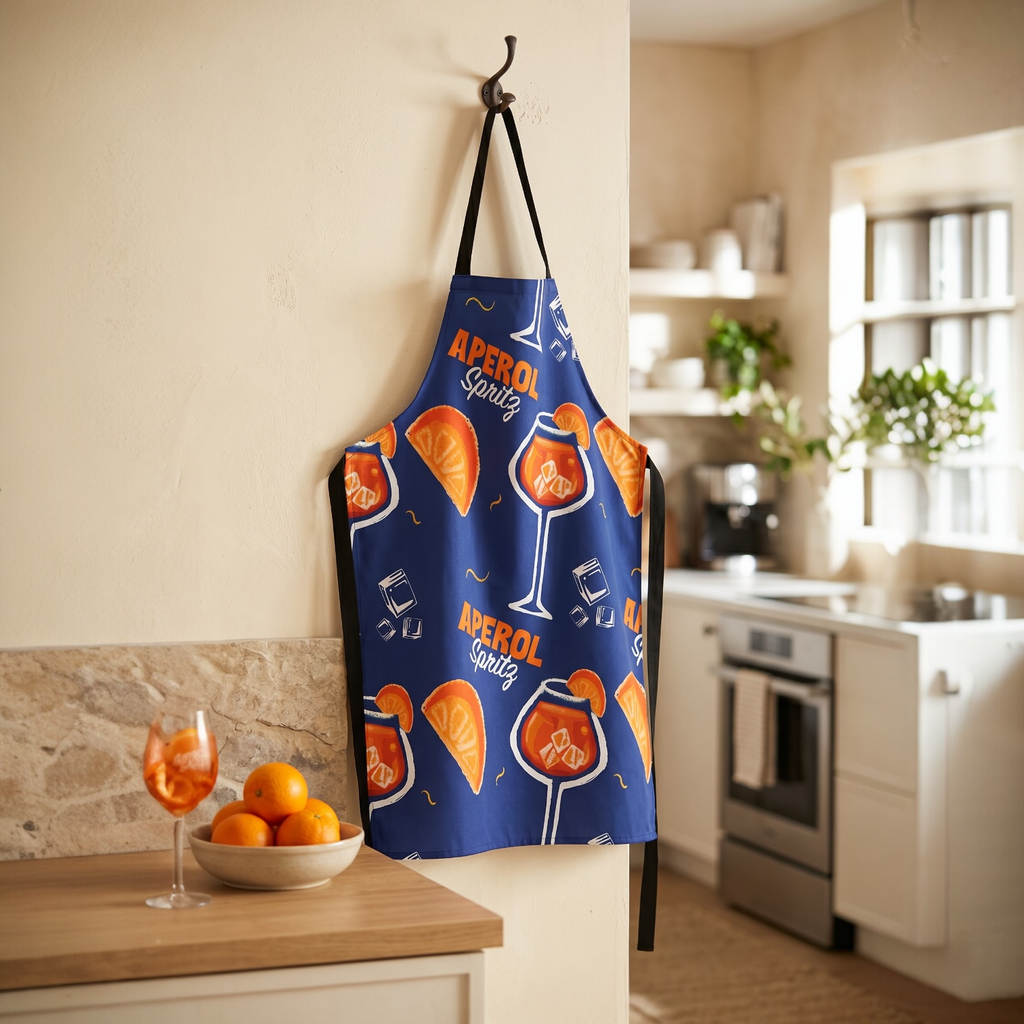 Aperol Spritz Pattern Apron — Blue Cocktail Kitchen Apron with Orange Slice Design