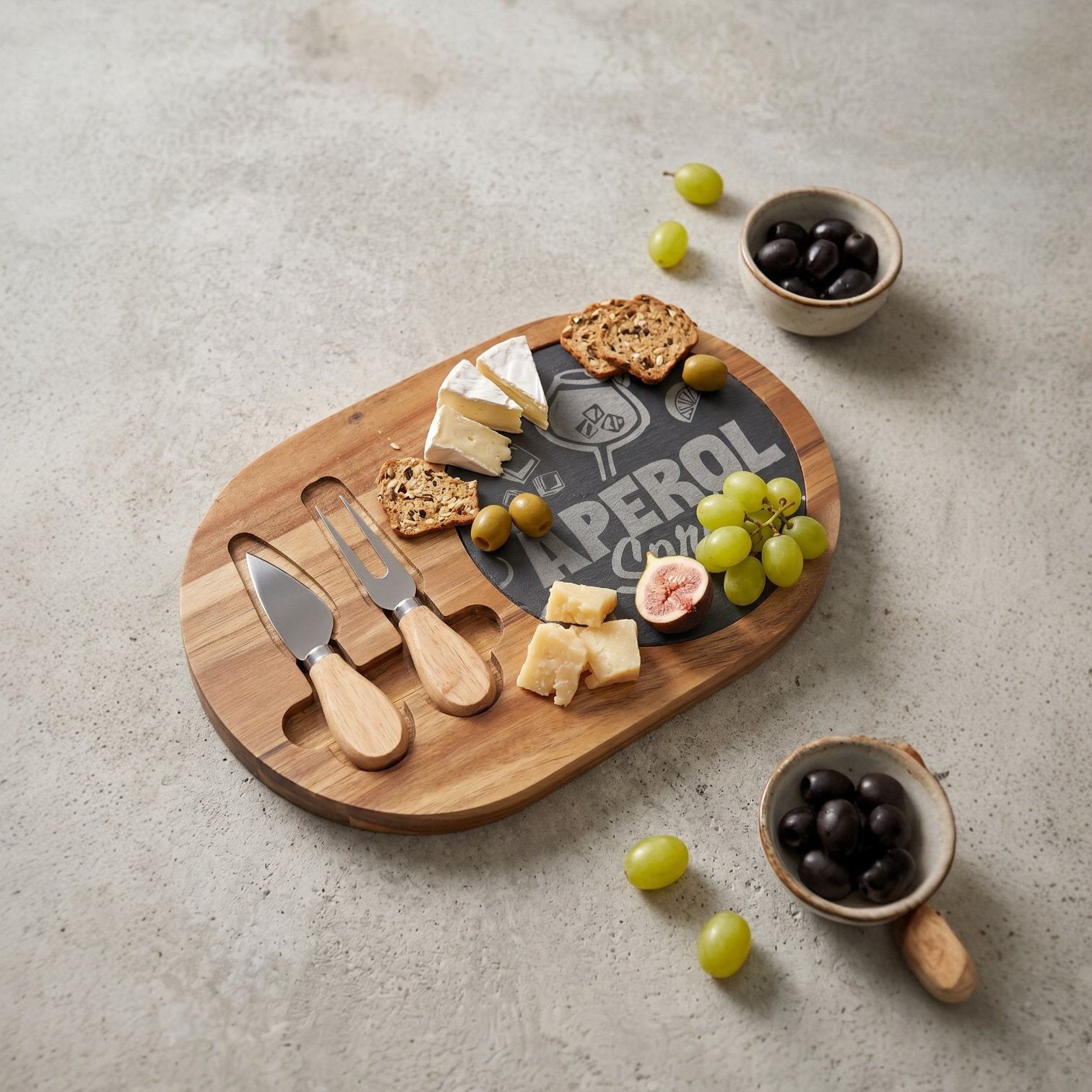 Engraved Aperol Spritz Charcuterie Board – Bamboo Cheese Serving Set with Slate Insert & Knives