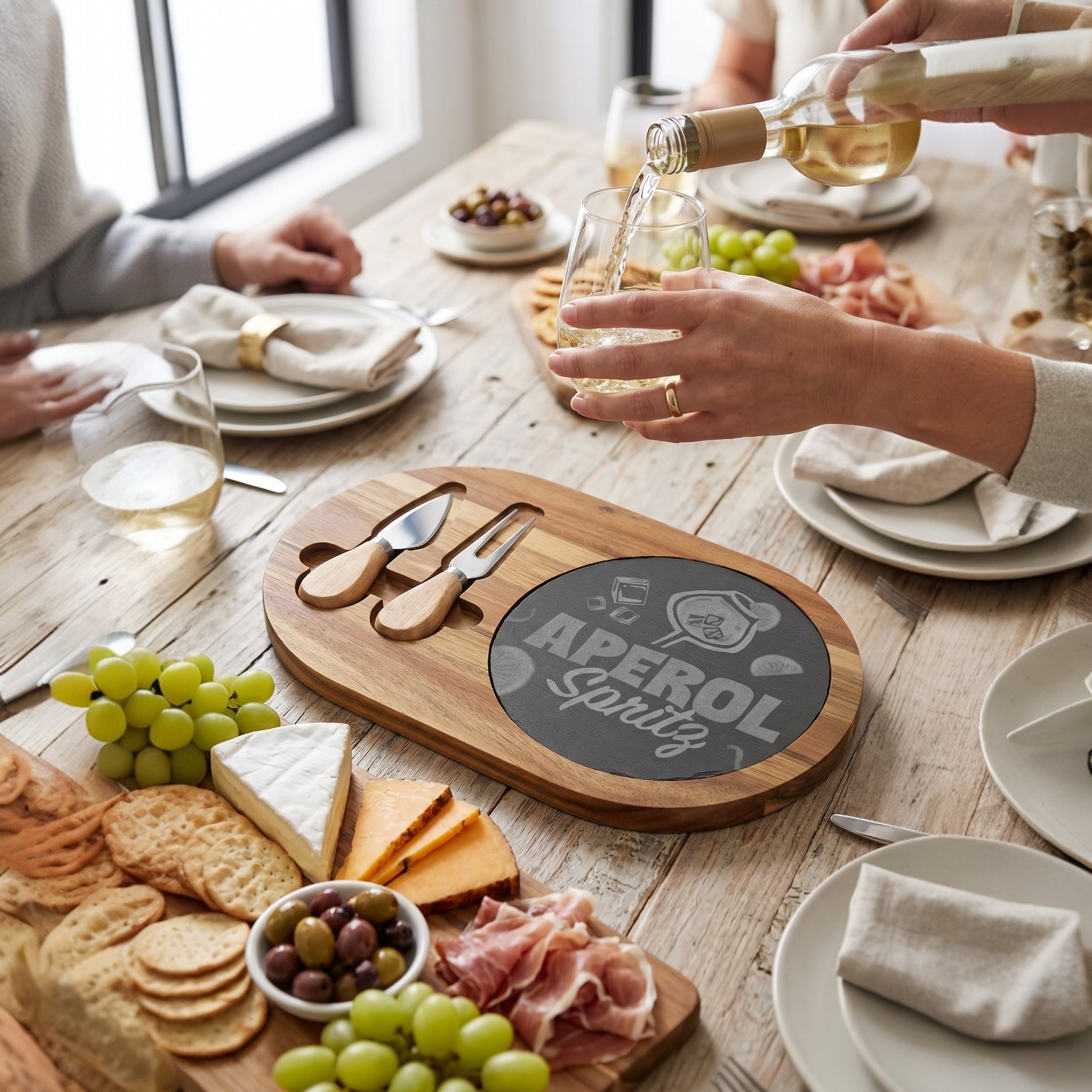 Engraved Aperol Spritz Charcuterie Board – Bamboo Cheese Serving Set with Slate Insert & Knives