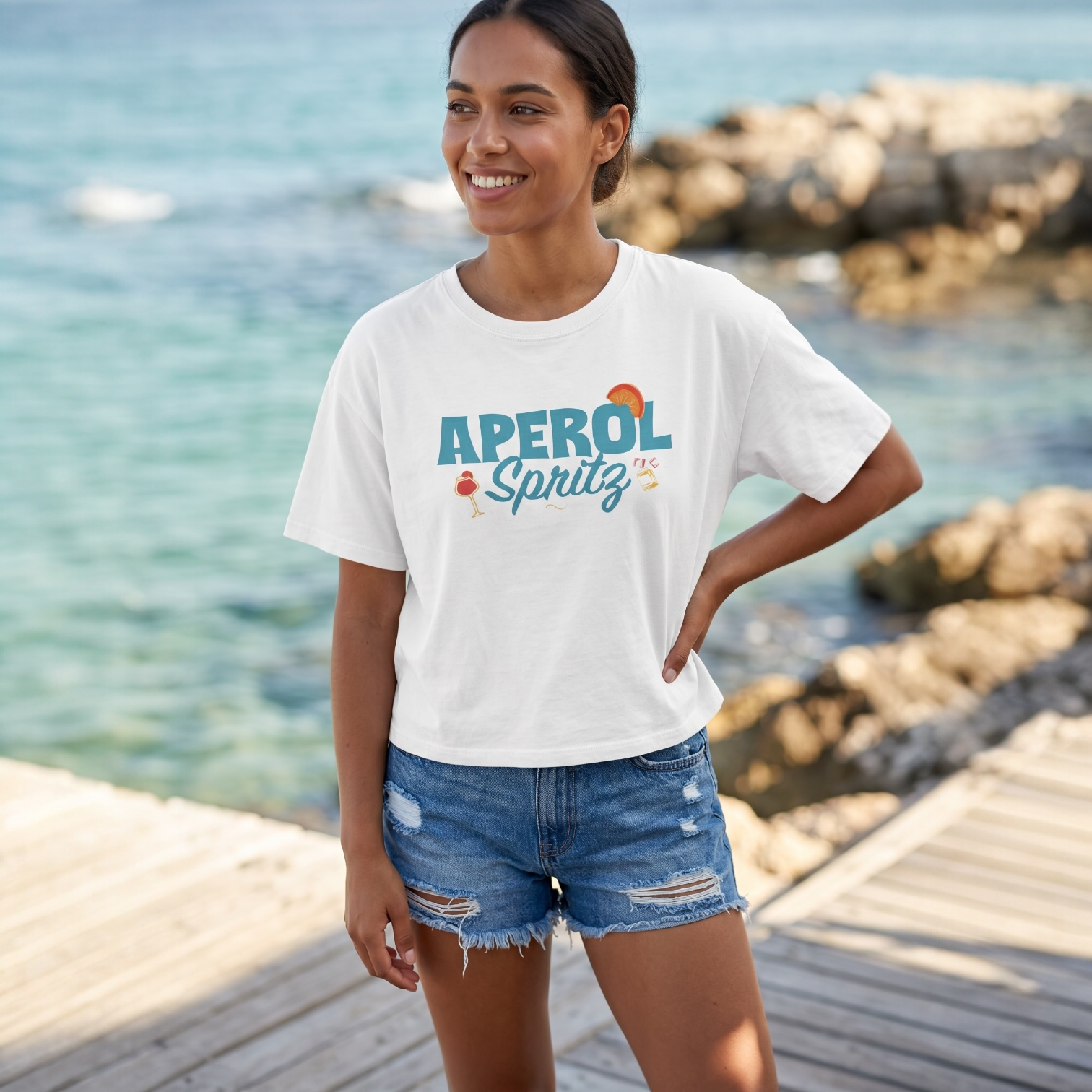 Aperol Spritz Cocktail Boxy Tee — Turquoise Aperol Inspired Design