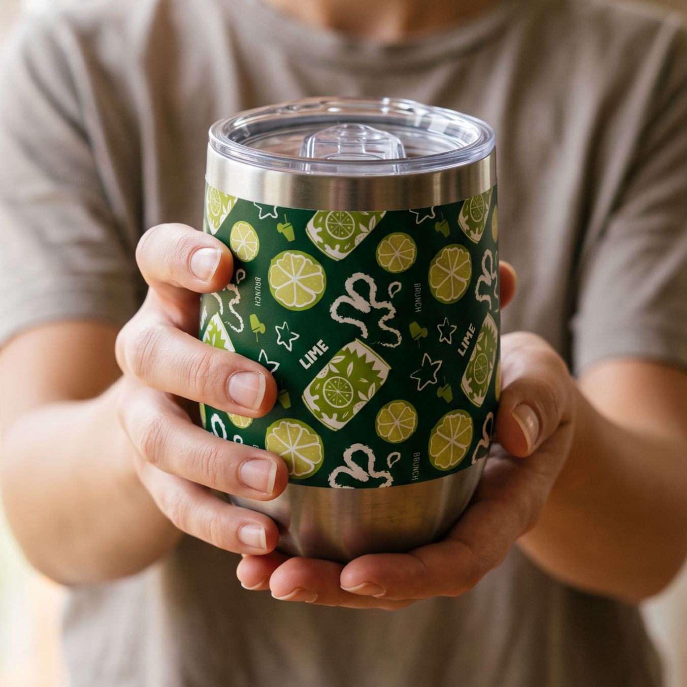 Lime Brunch Fruit Pattern Wine Tumbler — Green Aperol Inspired Design