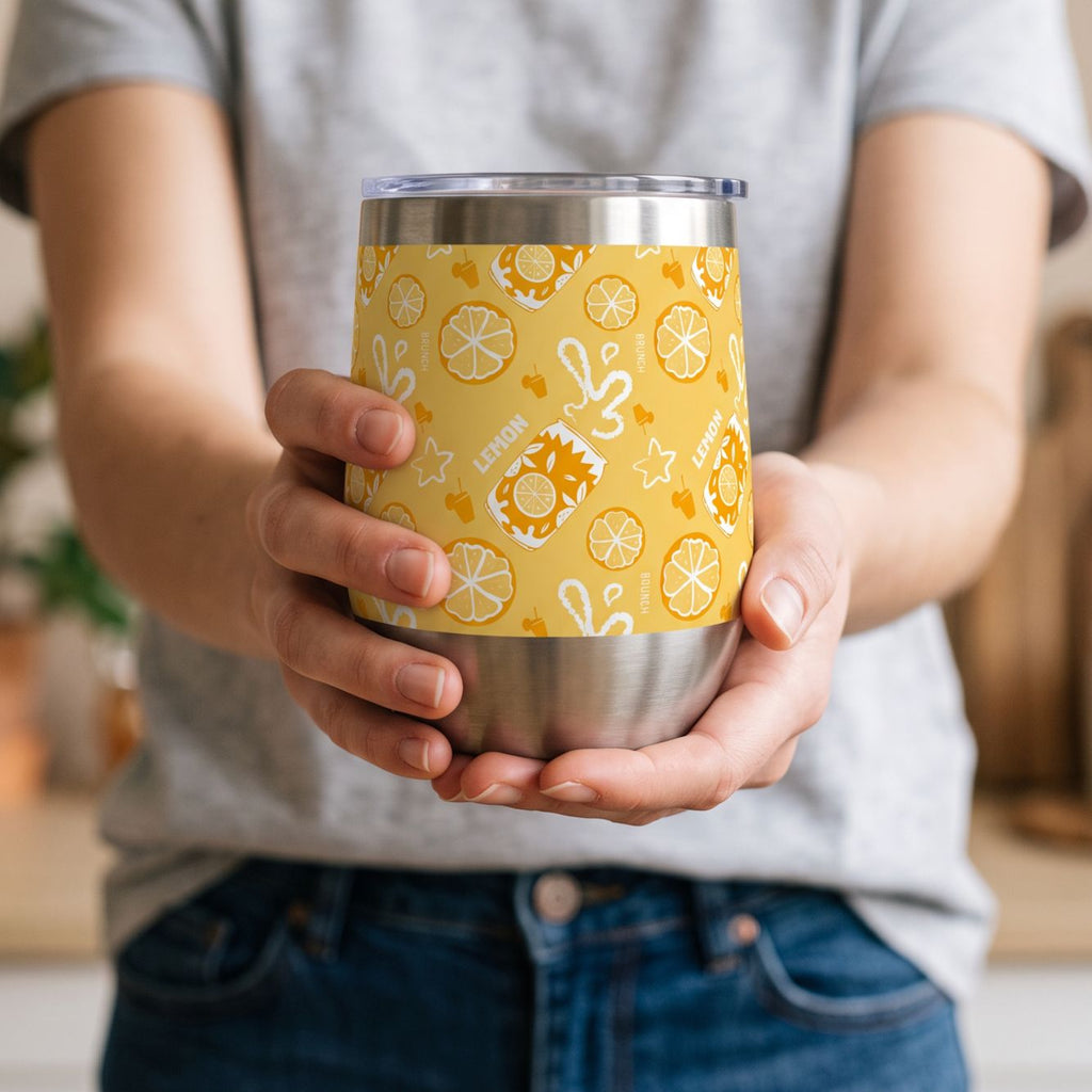 Lemon Fruit Pattern Wine Tumbler — Yellow Aperol Inspired Design