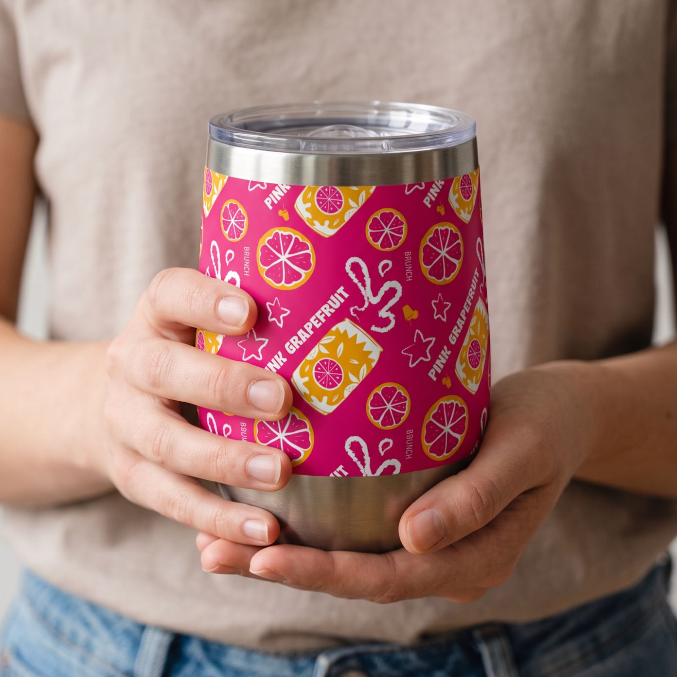 Pink Grapefruit Fruit Pattern Wine Tumbler — Pink Aperol Inspired Design