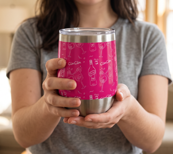 Cin Cin Cocktail Pattern Wine Tumbler — Pink Aperol Inspired Design