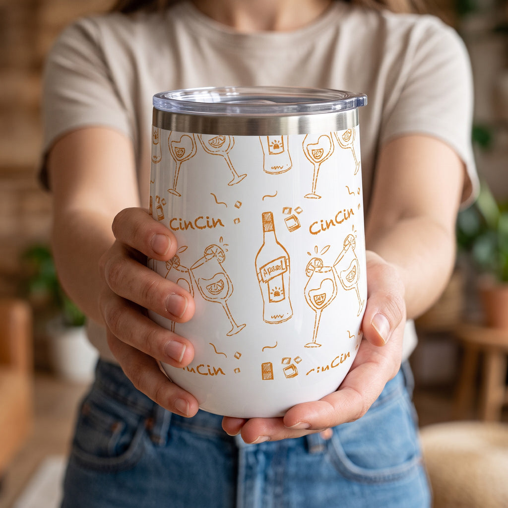 Cin Cin Cocktail Pattern Wine Tumbler — White and Orange Aperol Inspired Design