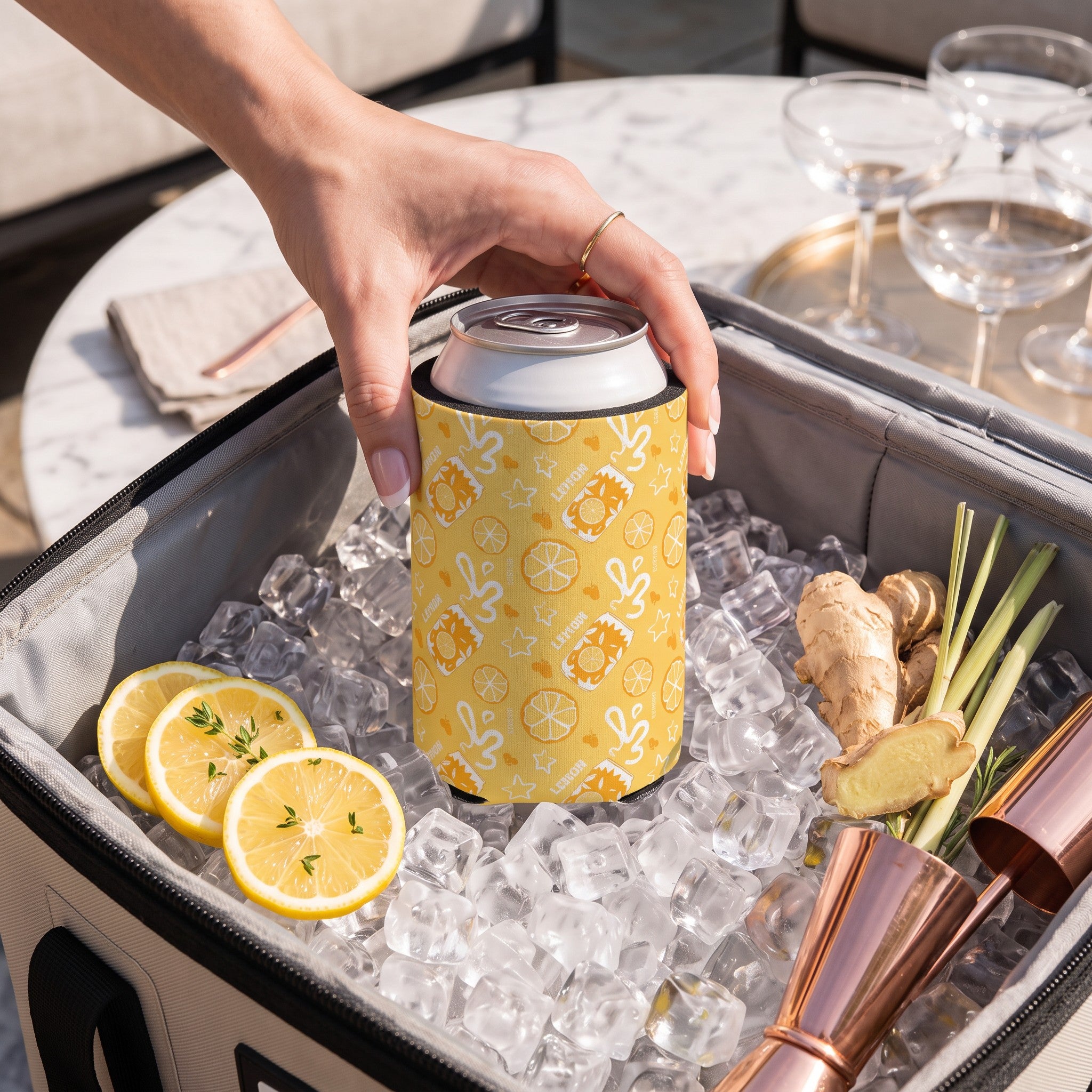 Lemon Brunch Fruit Can Cooler — Yellow Aperol Inspired Design