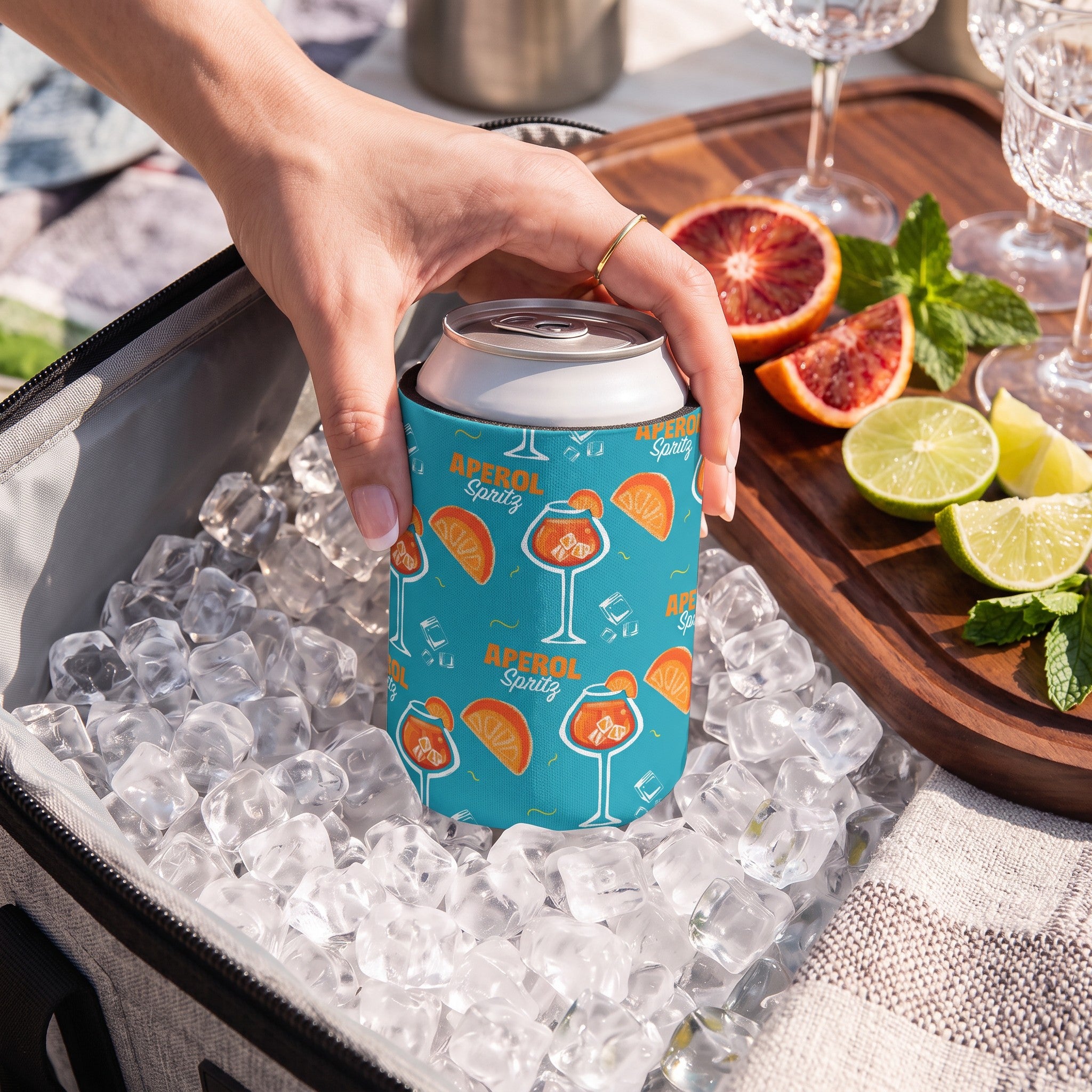Aperol Spritz Can Cooler — Turquoise Aperol Inspired Design