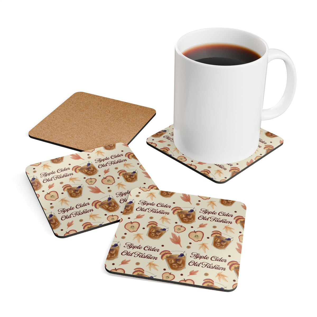 Apple Cider Old Fashioned Cork Coaster Set of 4 — Beige Apple Cider Collection Inspired Design