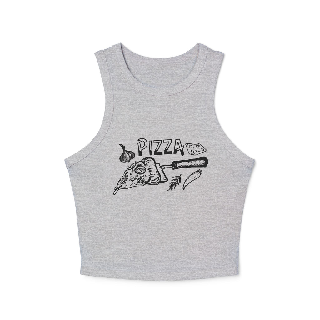 Pizza Graphic Racer Tank Top — Retro Slice Illustration Crop Top for Women