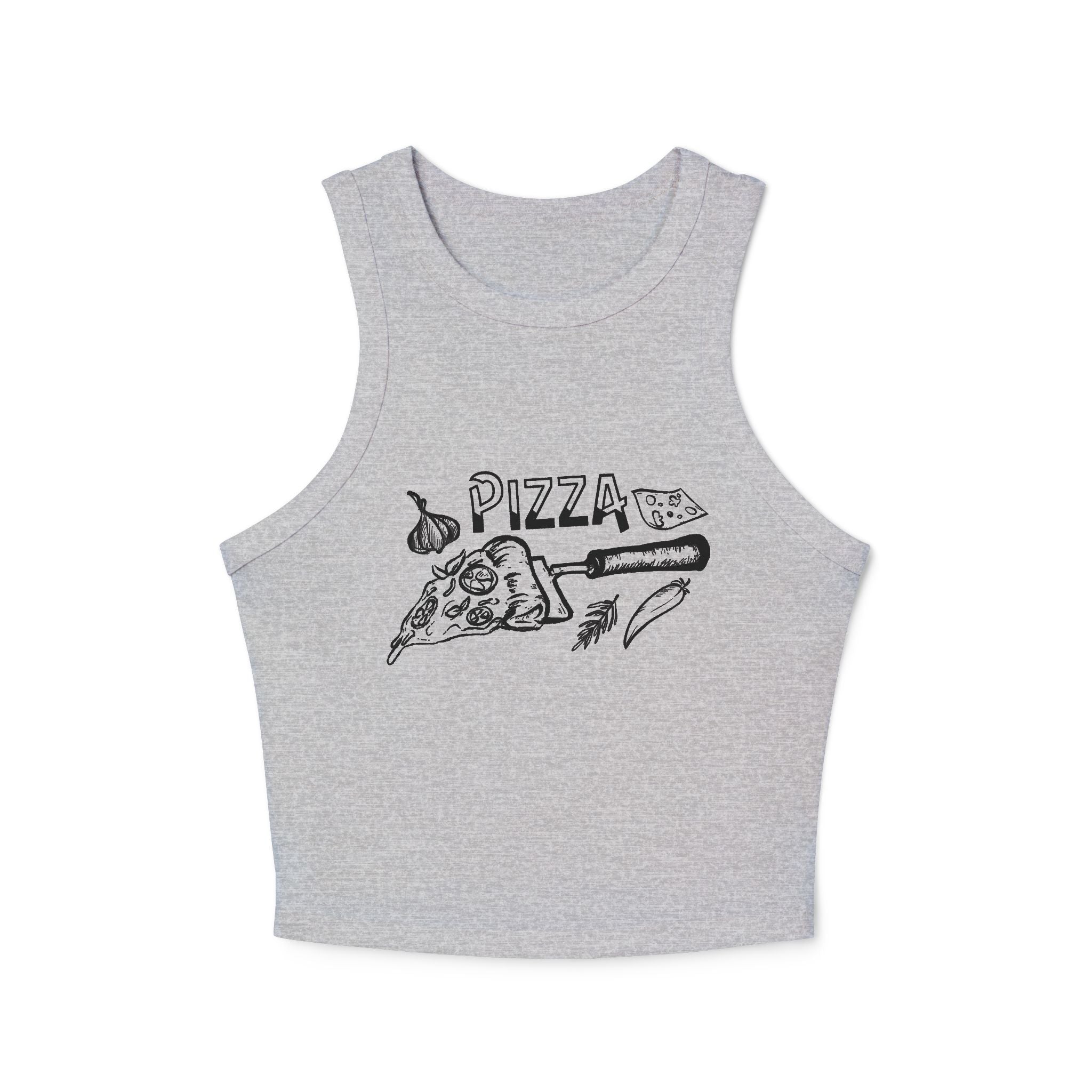 Pizza Graphic Racer Tank Top — Retro Slice Illustration Crop Top for Women