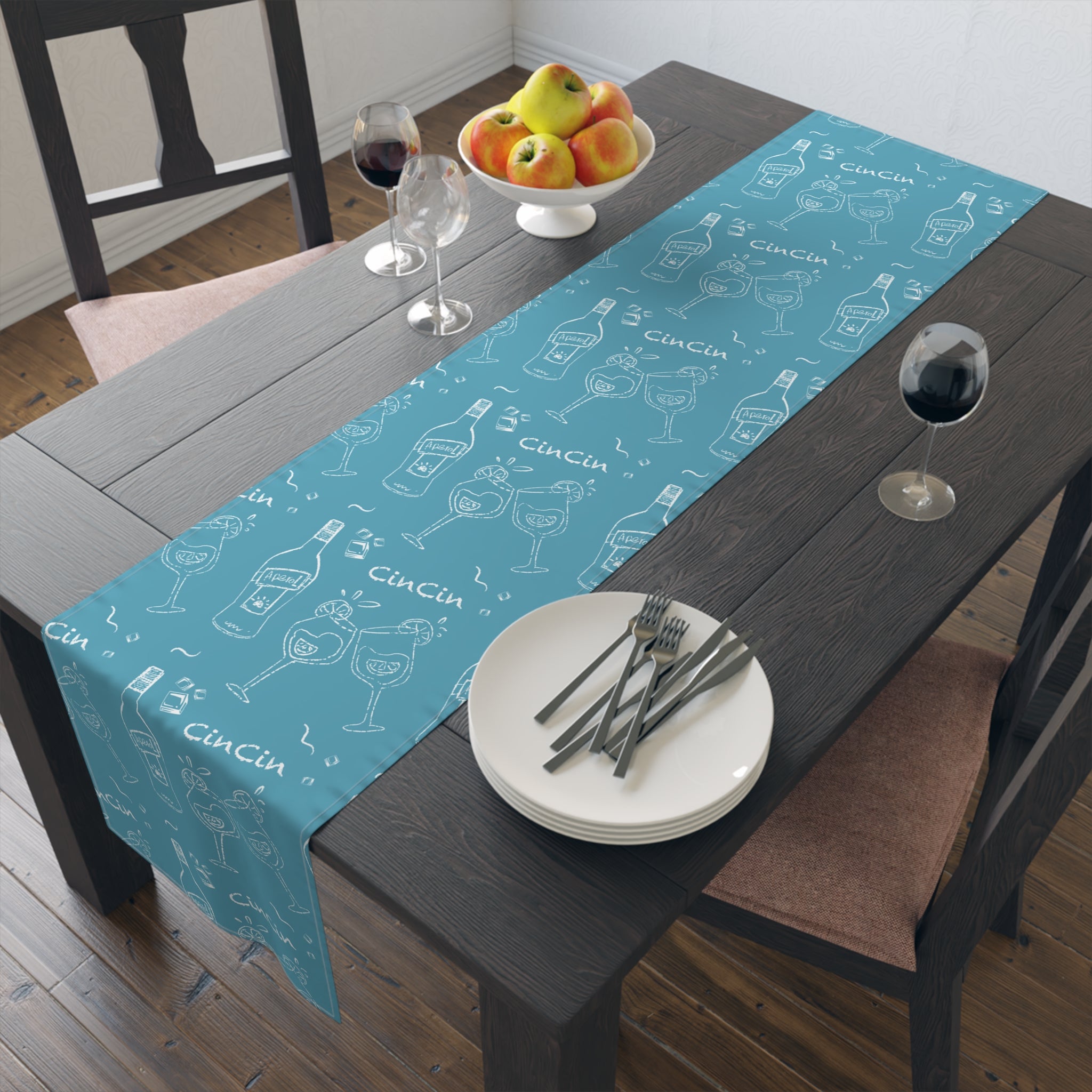 Cin Cin Spritz Table Runner — Turquoise Citrus Cocktail Pattern