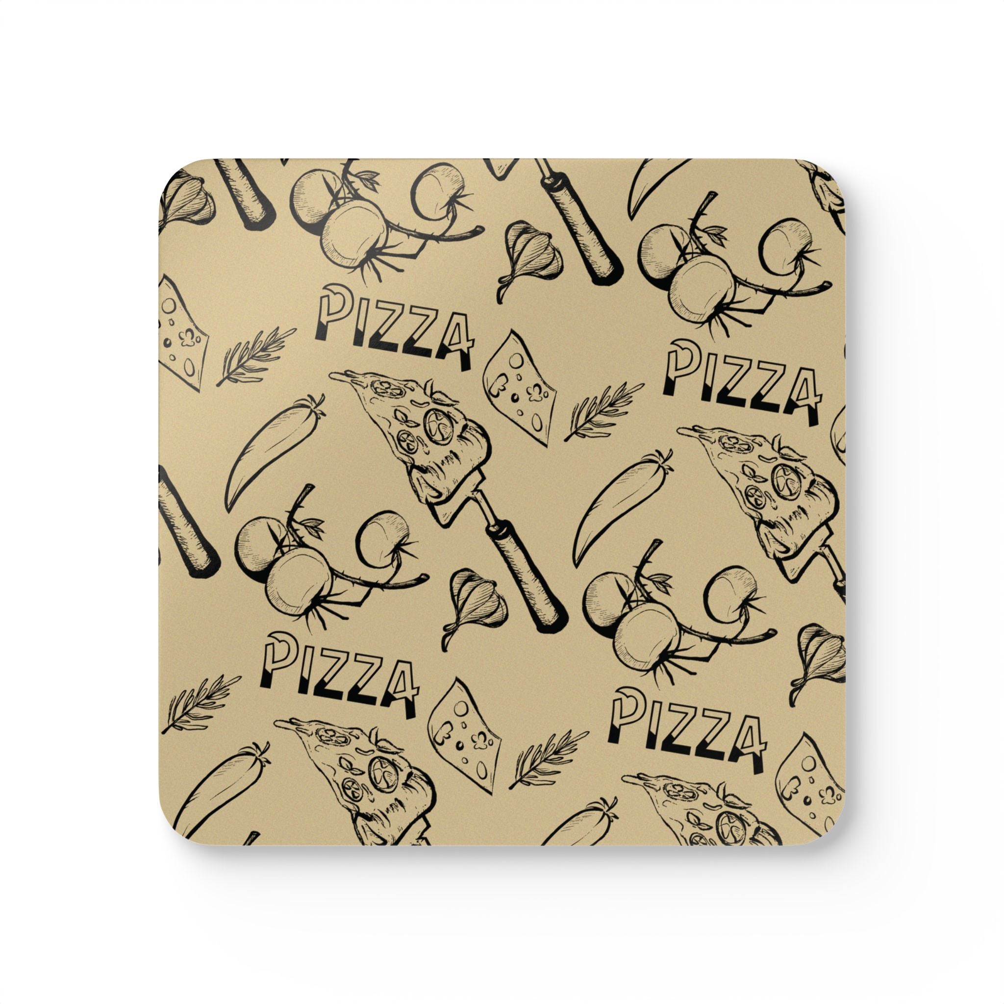 Pizza Pattern Cork Coasters — Set of 4 Rustic Kitchen Drink Coasters