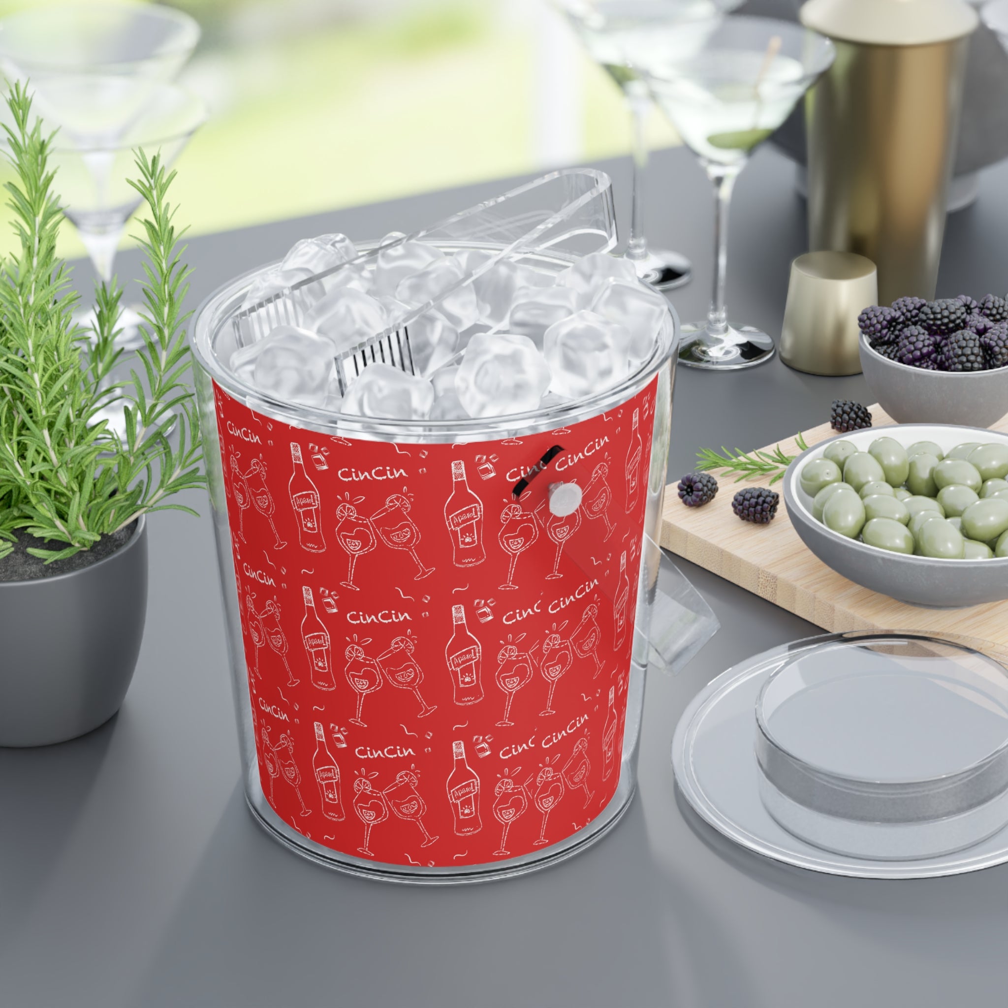 Cin Cin Ice Bucket with Tongs — Red Cin Cin Collection Inspired Design