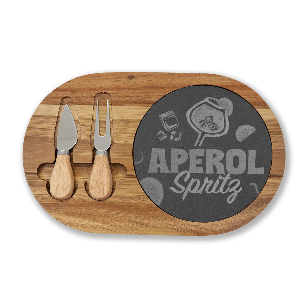Engraved Aperol Spritz Charcuterie Board – Bamboo Cheese Serving Set with Slate Insert & Knives