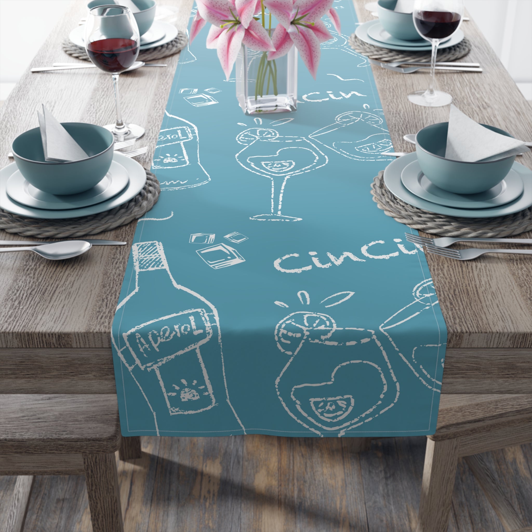 Cin Cin Spritz Table Runner — Turquoise Aperol Inspired Design