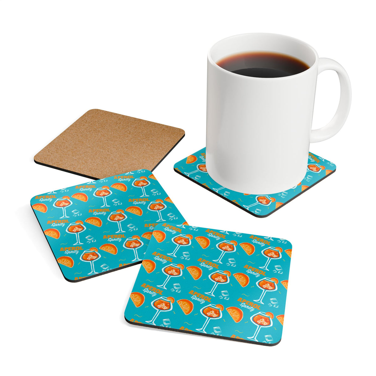 Aperol Spritz Corkwood Coaster Set (4-Pack) – Turquoise Spritz Collection Inspired Design