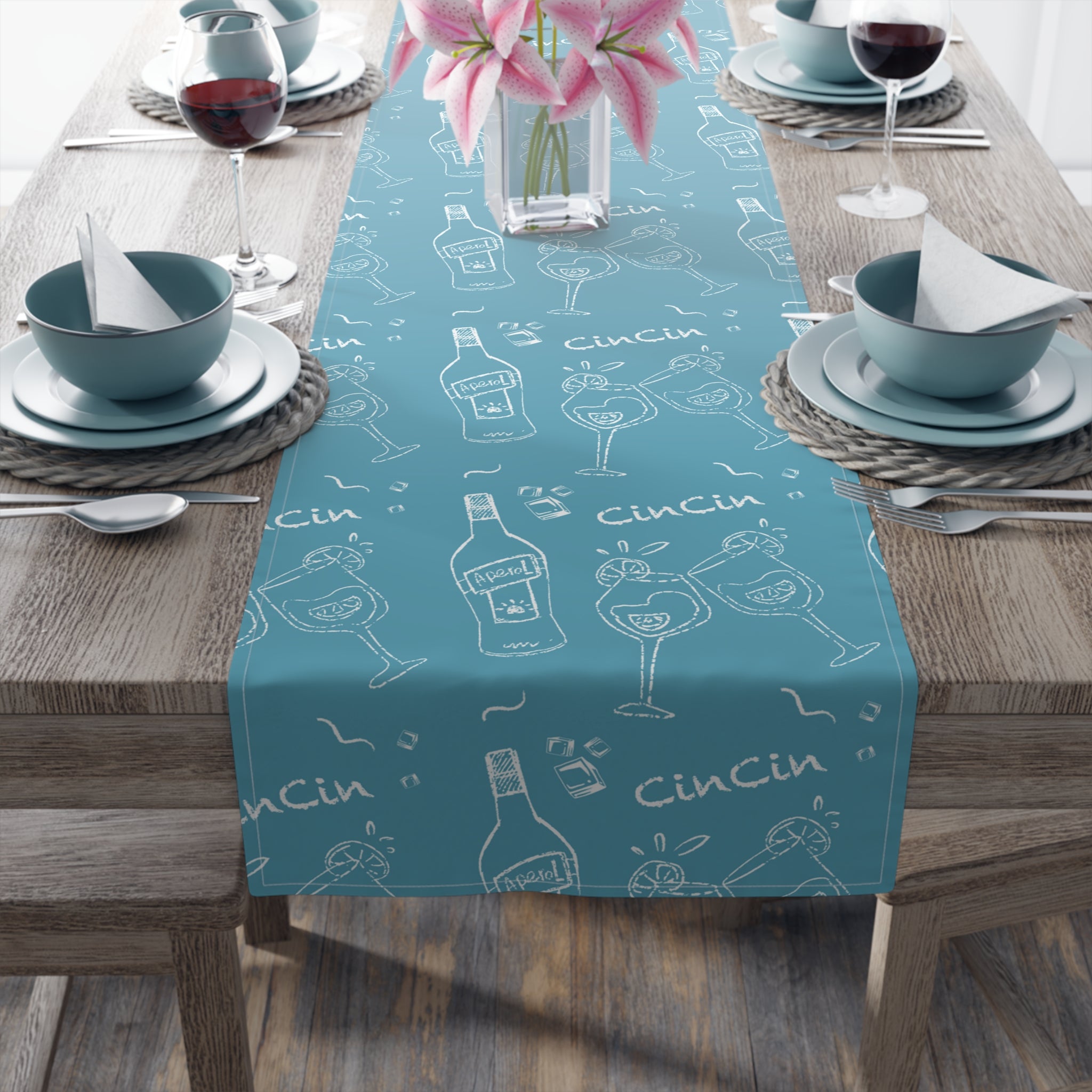 Cin Cin Spritz Table Runner — Turquoise Citrus Cocktail Pattern