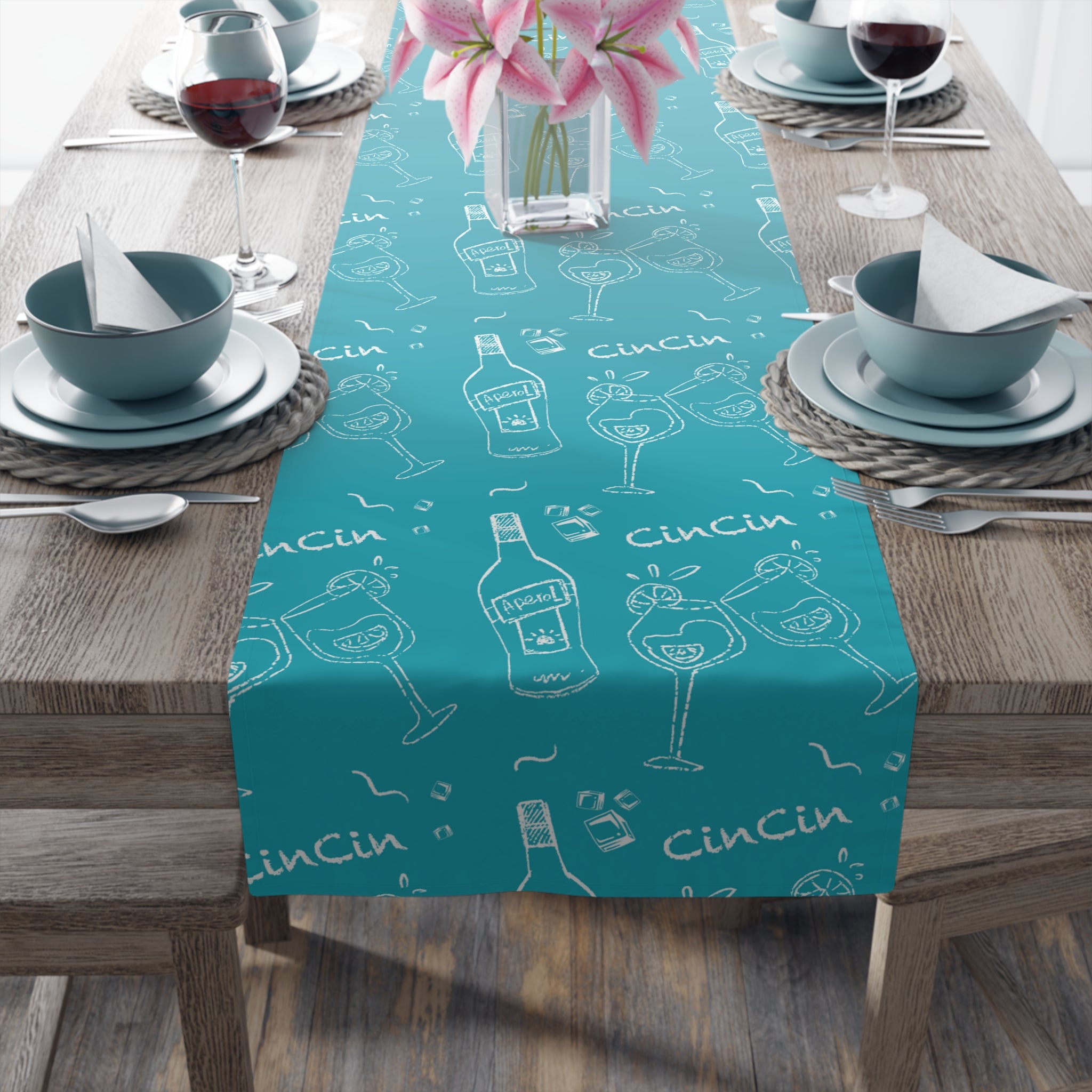 Cin Cin Spritz Table Runner — Turquoise Citrus Cocktail Pattern