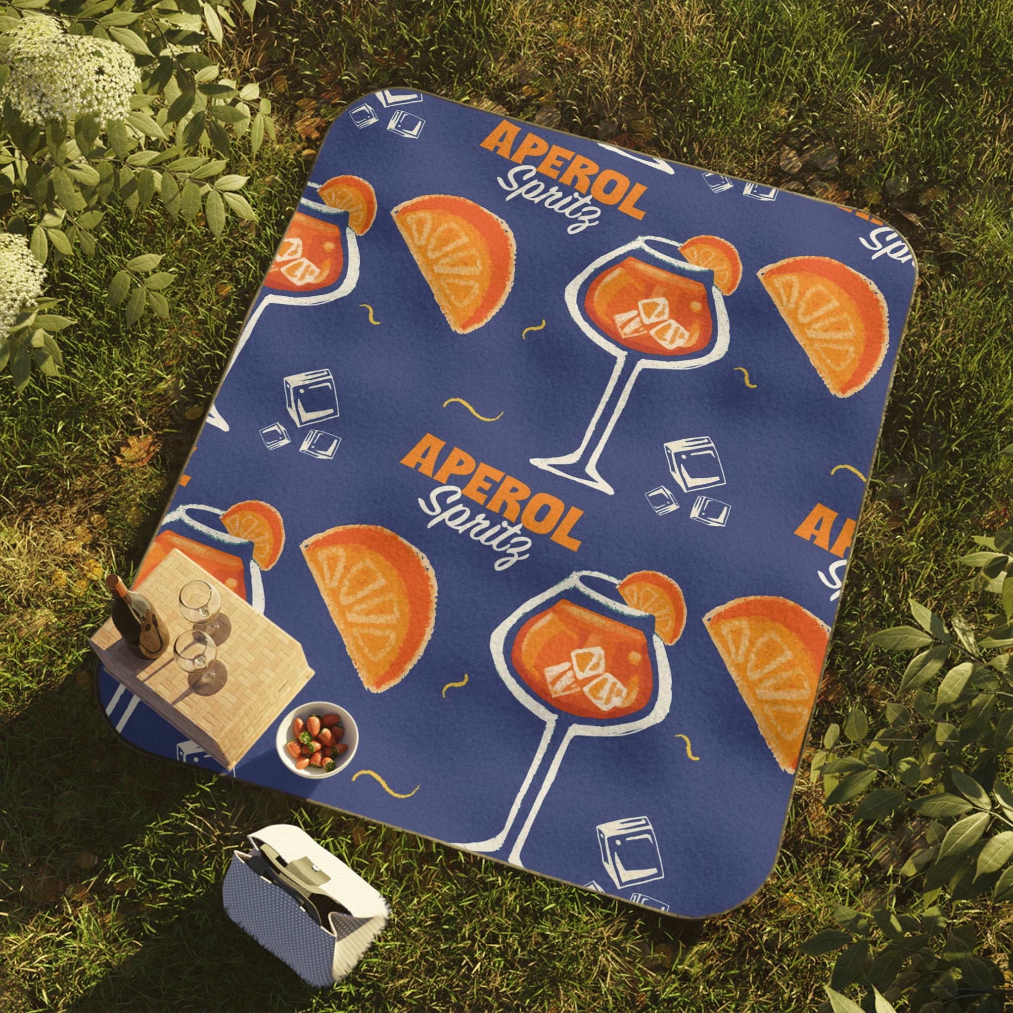 Aperol Spritz Picnic Blanket — Orange Cocktail Pattern Outdoor Blanket