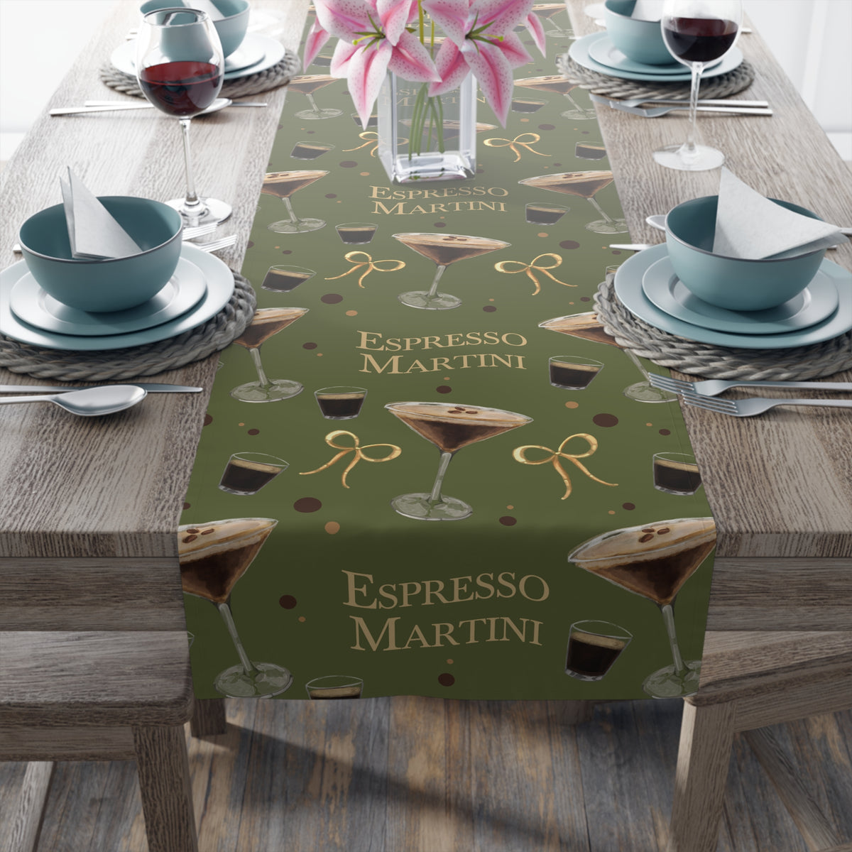Espresso Martini Table Runner — Olive Green Espresso Collection Inspired Design