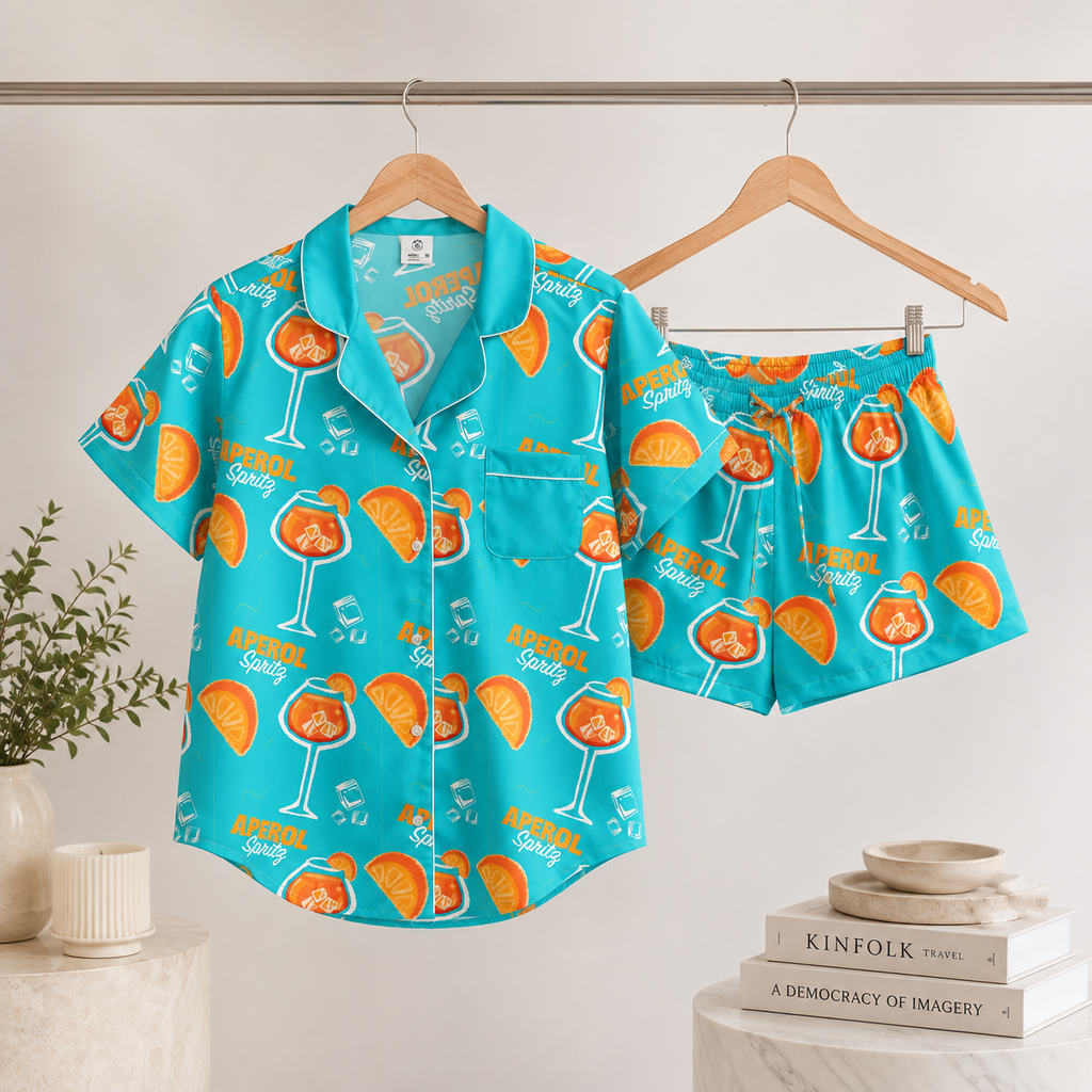 Aperol Spritz Inspired Turquoise Women's Satin Pajama Set | Button-Up Shirt & Shorts | Cocktail Print Loungewear | Brunch Gift