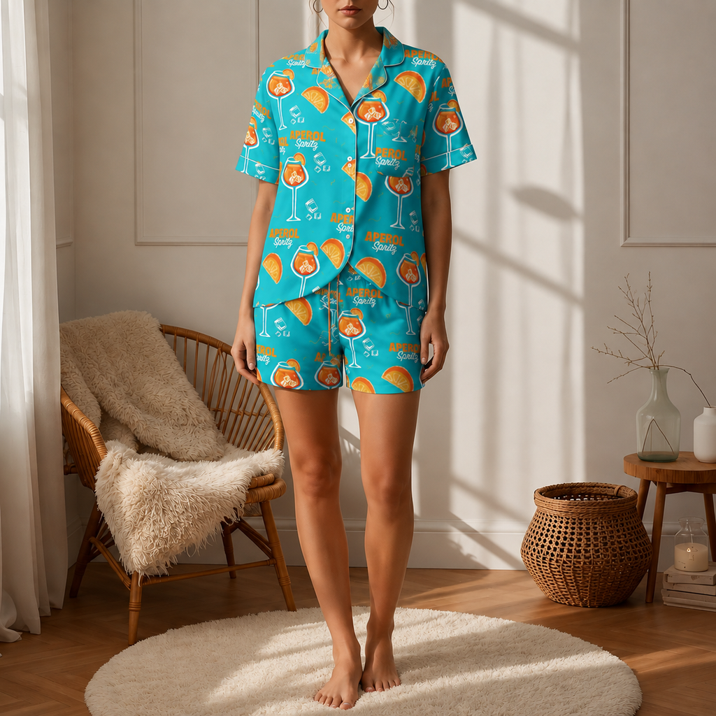 Aperol Spritz Inspired Turquoise Women's Satin Pajama Set | Button-Up Shirt & Shorts | Cocktail Print Loungewear | Brunch Gift