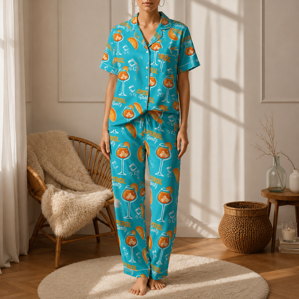 Aperol Spritz Inspired Turquoise Women's Satin Pajama Set | Button-Up Shirt & Pants | Cocktail Print Loungewear Set | Brunch Gift