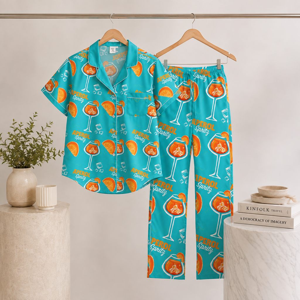 Aperol Spritz Inspired Turquoise Women's Satin Pajama Set | Button-Up Shirt & Pants | Cocktail Print Loungewear Set | Brunch Gift