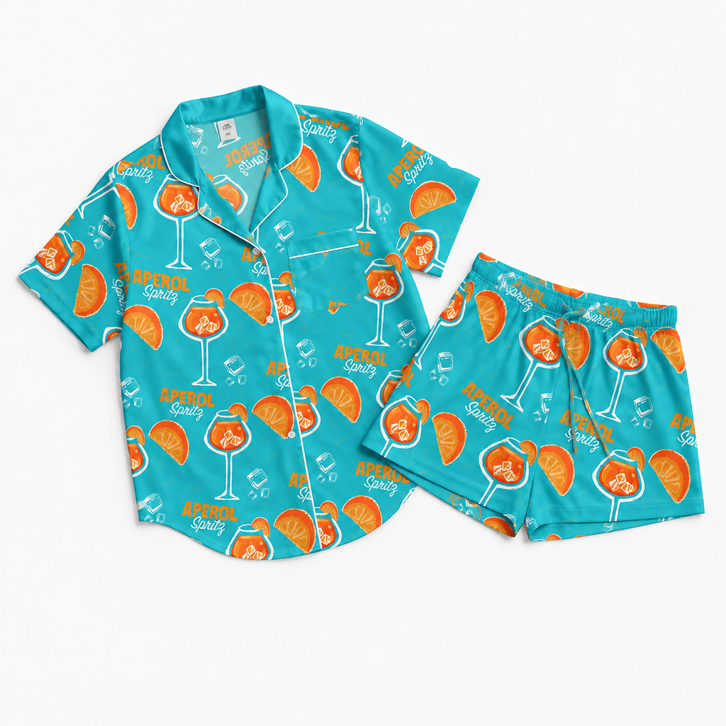 Aperol Spritz Inspired Turquoise Women's Satin Pajama Set | Button-Up Shirt & Shorts | Cocktail Print Loungewear | Brunch Gift