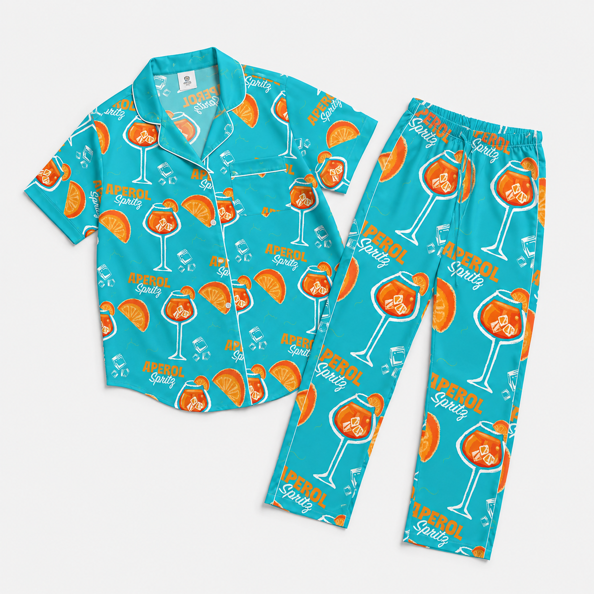 Aperol Spritz Inspired Turquoise Women's Satin Pajama Set | Button-Up Shirt & Pants | Cocktail Print Loungewear Set | Brunch Gift