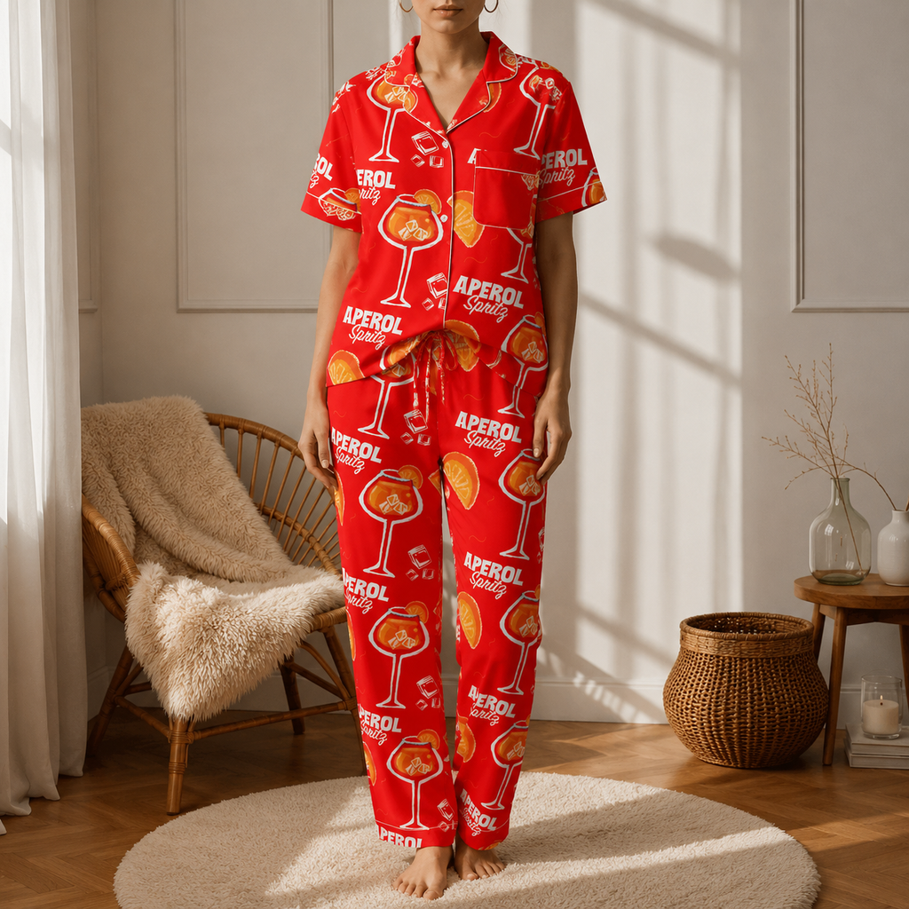 Aperol Spritz Inspired Red Women's Satin Pajama Set | Button-Up Shirt & Pants | Cocktail Print Loungewear | Brunch Gift
