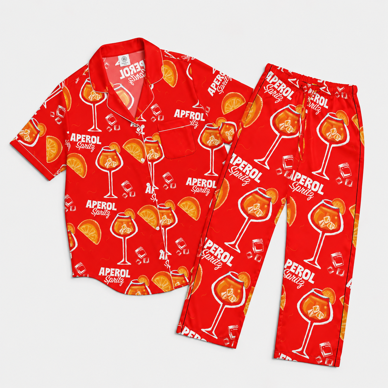 Aperol Spritz Inspired Red Women's Satin Pajama Set | Button-Up Shirt & Pants | Cocktail Print Loungewear | Brunch Gift