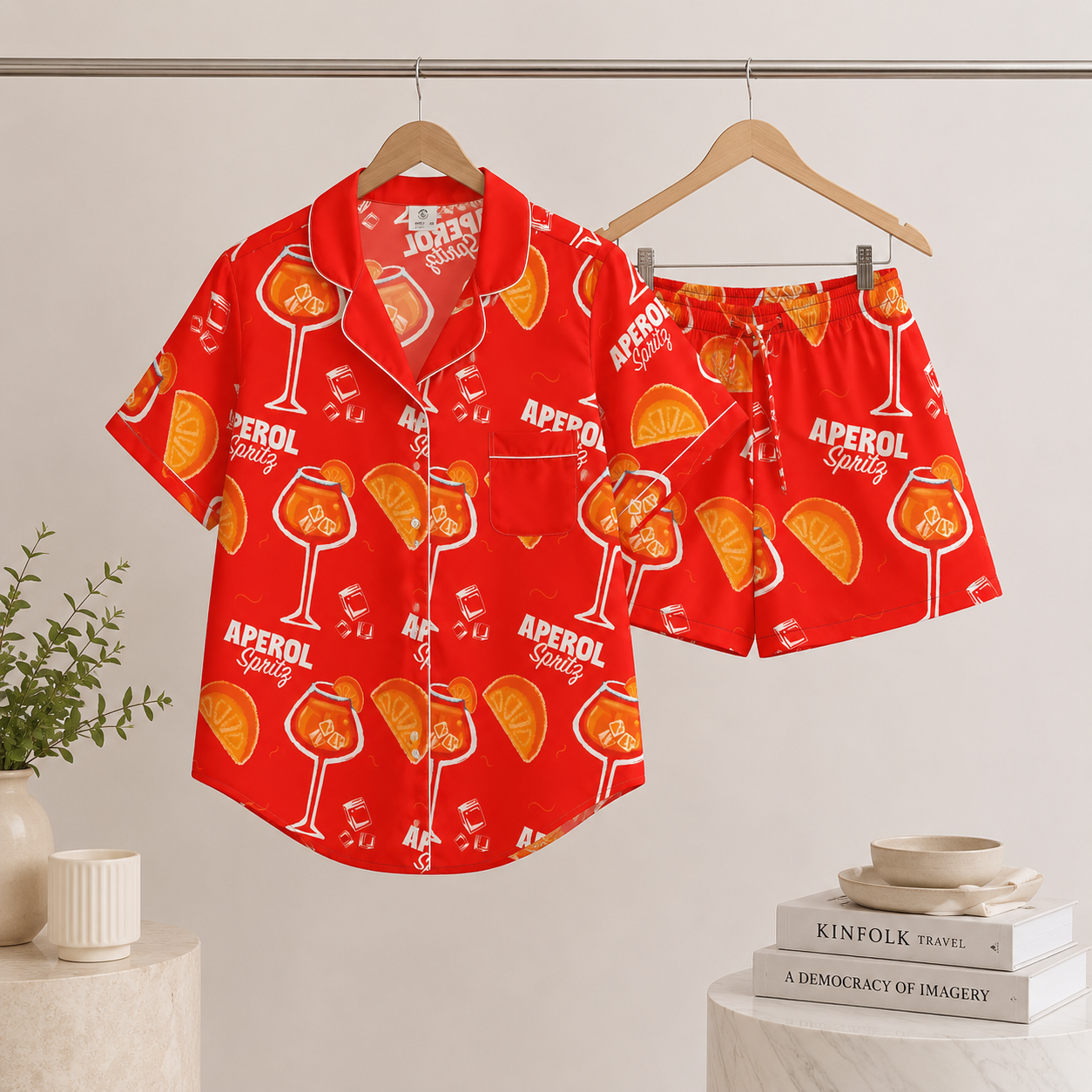 Aperol Spritz Inspired Red Women's Satin Pajama Set | Button-Up Shirt & Shorts | Cocktail Print Loungewear | Brunch Gift