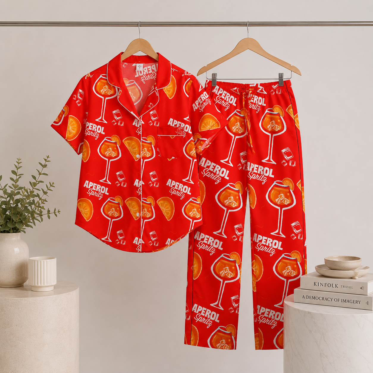 Aperol Spritz Inspired Red Women's Satin Pajama Set | Button-Up Shirt & Pants | Cocktail Print Loungewear | Brunch Gift