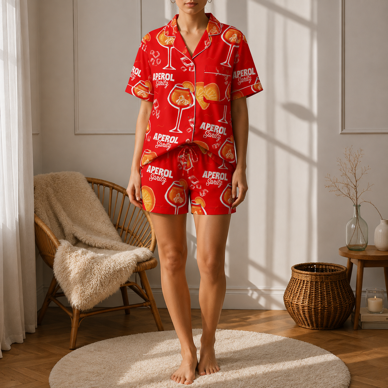Aperol Spritz Inspired Red Women's Satin Pajama Set | Button-Up Shirt & Shorts | Cocktail Print Loungewear | Brunch Gift