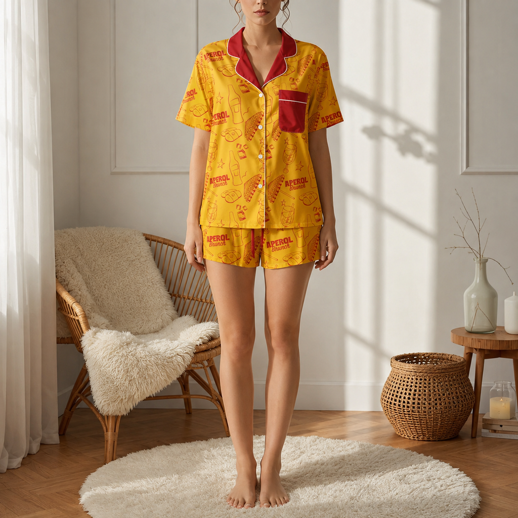 Brunch Spritz Yellow Women's Satin Pajama Set | Button-Up Shirt & Shorts | Citrus Cocktail Print Loungewear | Brunch Lover Gift