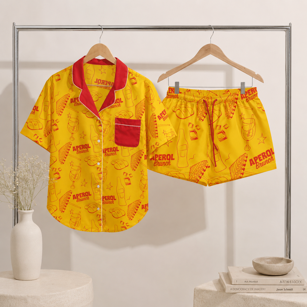 Brunch Spritz Yellow Women's Satin Pajama Set | Button-Up Shirt & Shorts | Citrus Cocktail Print Loungewear | Brunch Lover Gift