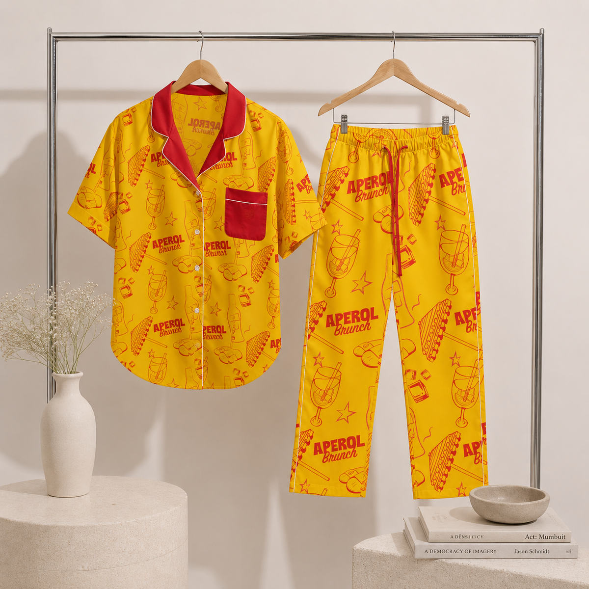 Brunch Spritz Yellow Women's Satin Pajama Set | Button-Up Shirt & Pants | Citrus Cocktail Print Loungewear | Brunch Lover Gift