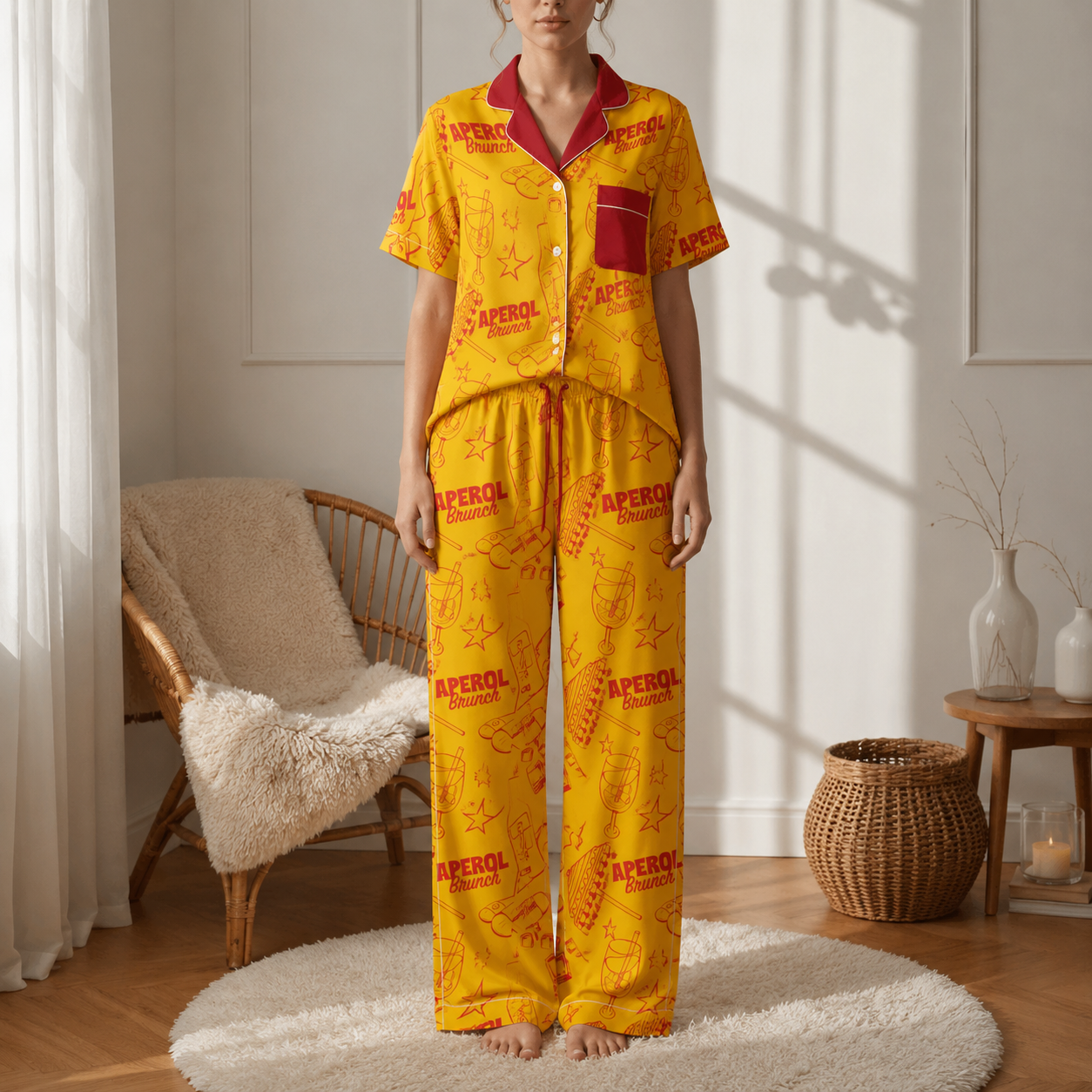 Brunch Spritz Yellow Women's Satin Pajama Set | Button-Up Shirt & Pants | Citrus Cocktail Print Loungewear | Brunch Lover Gift