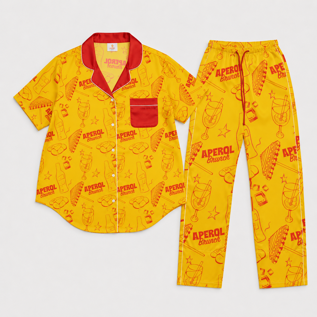 Brunch Spritz Yellow Women's Satin Pajama Set | Button-Up Shirt & Pants | Citrus Cocktail Print Loungewear | Brunch Lover Gift