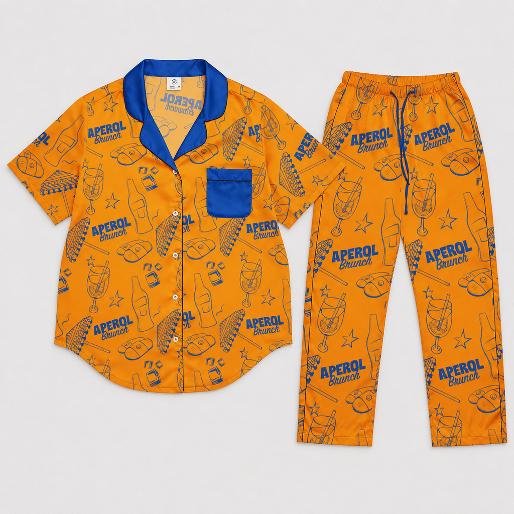 Brunch Spritz Orange Women's Satin Pajama Set | Button-Up Shirt & Pants | Citrus Cocktail Print Loungewear | Brunch Lover Gift